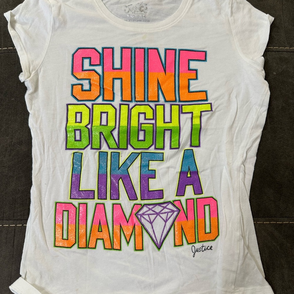 White t shirt with metallic letters size 14